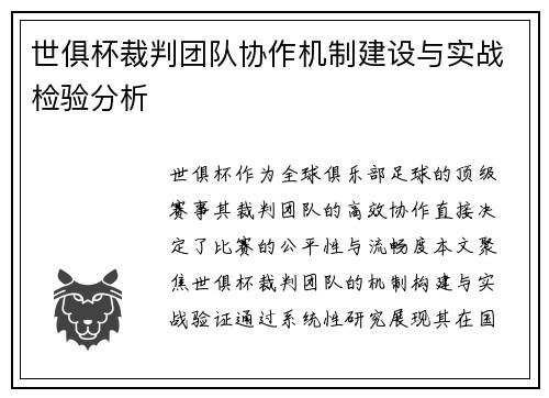 世俱杯裁判团队协作机制建设与实战检验分析